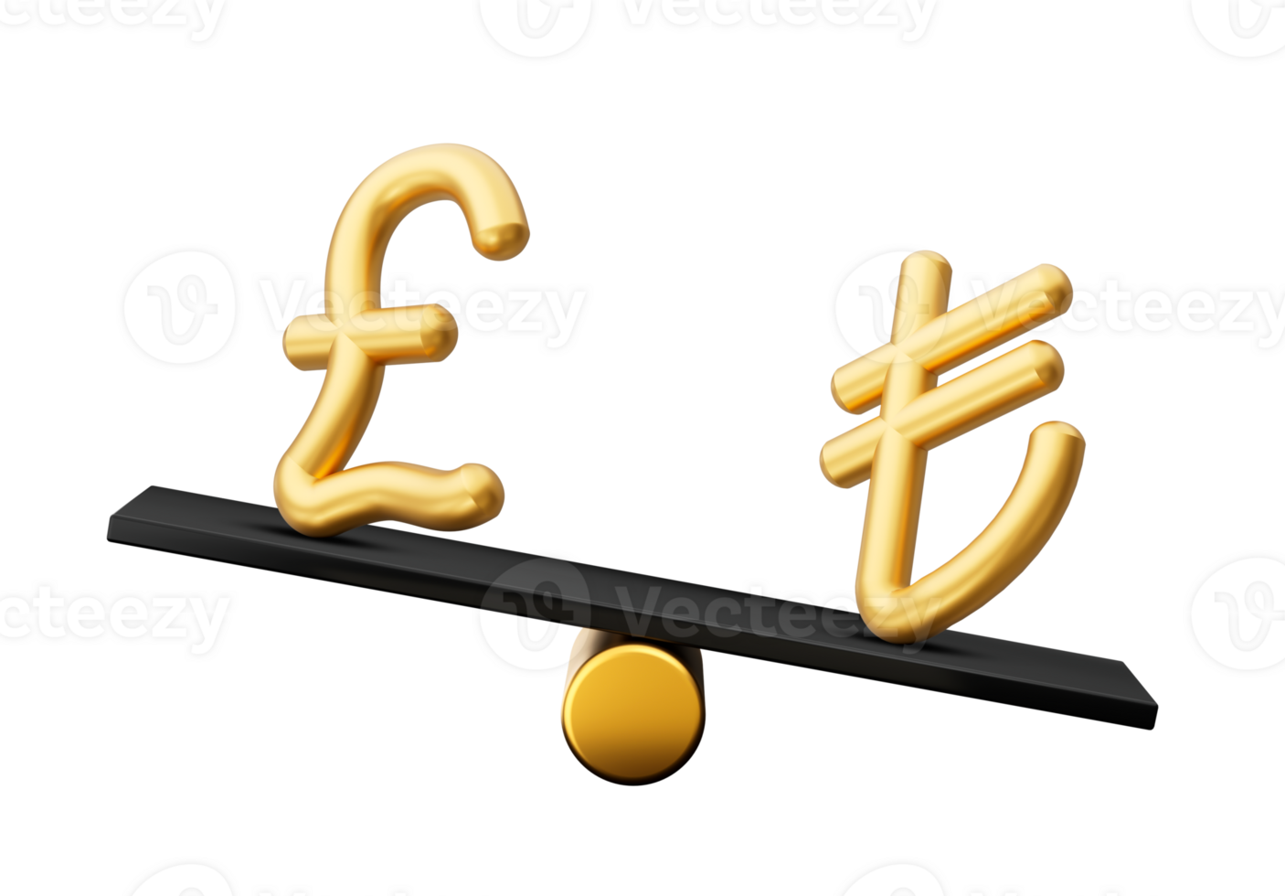 3d Golden Pound And Lira Symbol Icons With 3d Black Balance Weight Seesaw, 3d illustration png