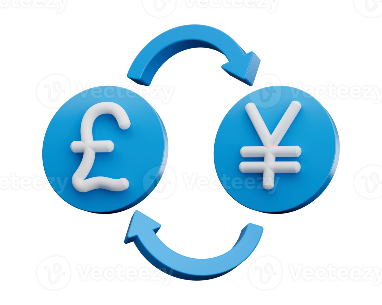 3d White Pound And Yen Symbol On Rounded Blue Icons With Money Exchange Arrows, 3d illustration png