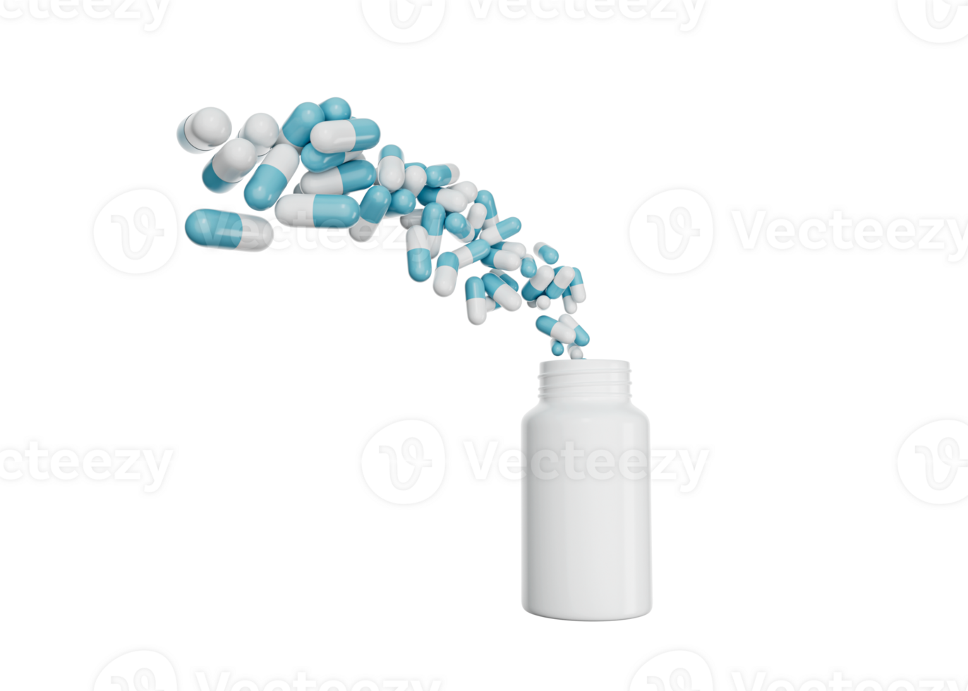 3d Empty White Pill Bottle With Pharmaceutical Antibiotic capsules Flying In The Air 3d Illustration png