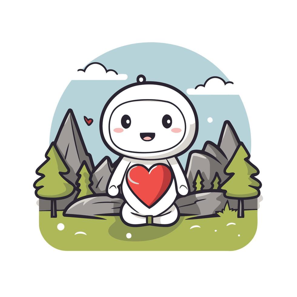 A cartoon character holding a heart in the mountains vector