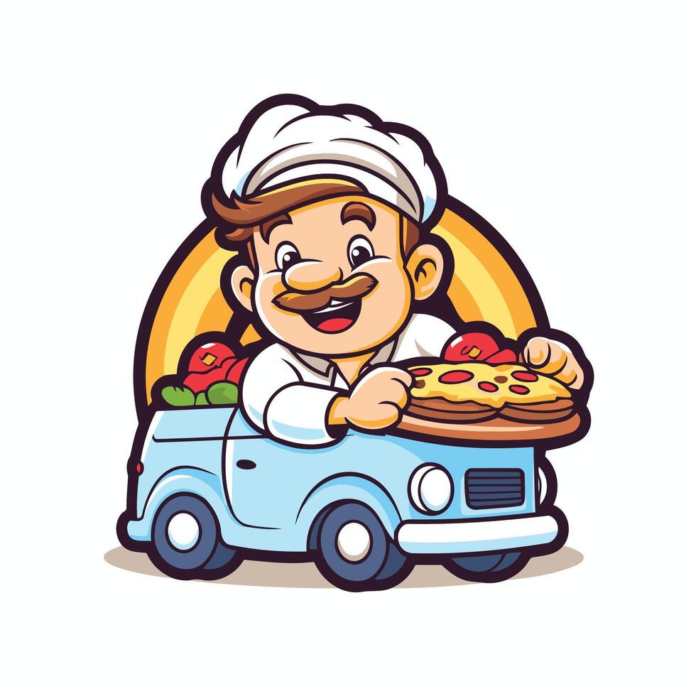 Pizza delivery man in car with pizza illustration vector
