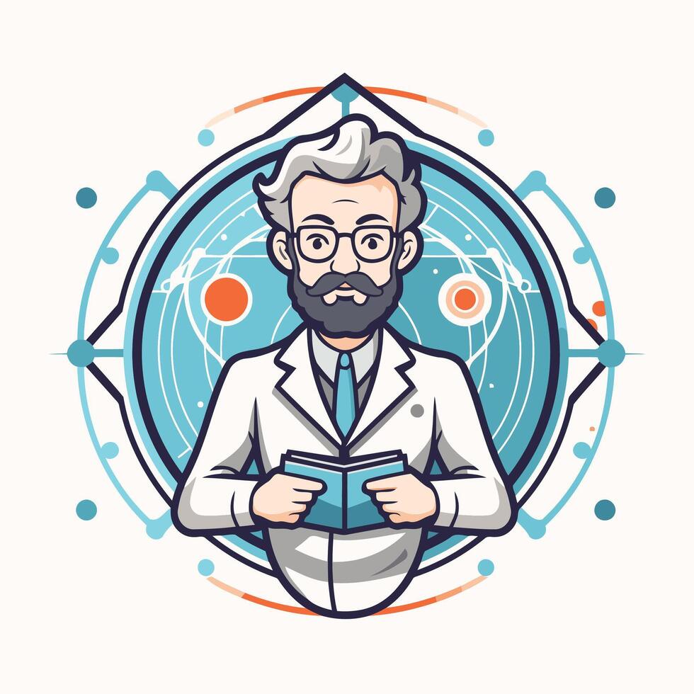 A man in a lab coat and glasses is holding a book vector