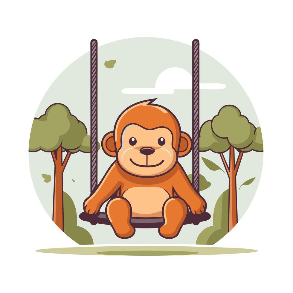 A cartoon monkey sitting on a swing in the forest vector