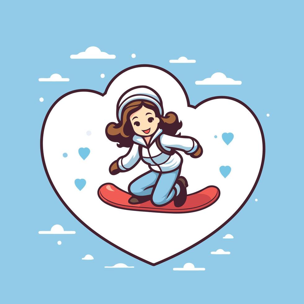 A girl snowboarder is riding on a heart shaped board vector
