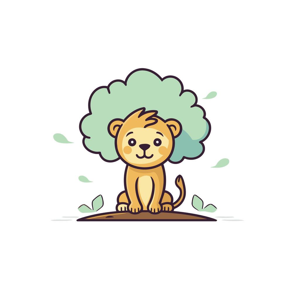 A cartoon lion sitting on a hill with green leaves vector