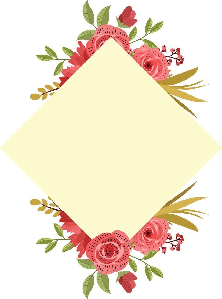 Flower frame . Red rose flower frame with leaves, red rose , yellow grass flower. Card, invitation, wreath decorative frame. Wedding, mother's day, valentine's day vector