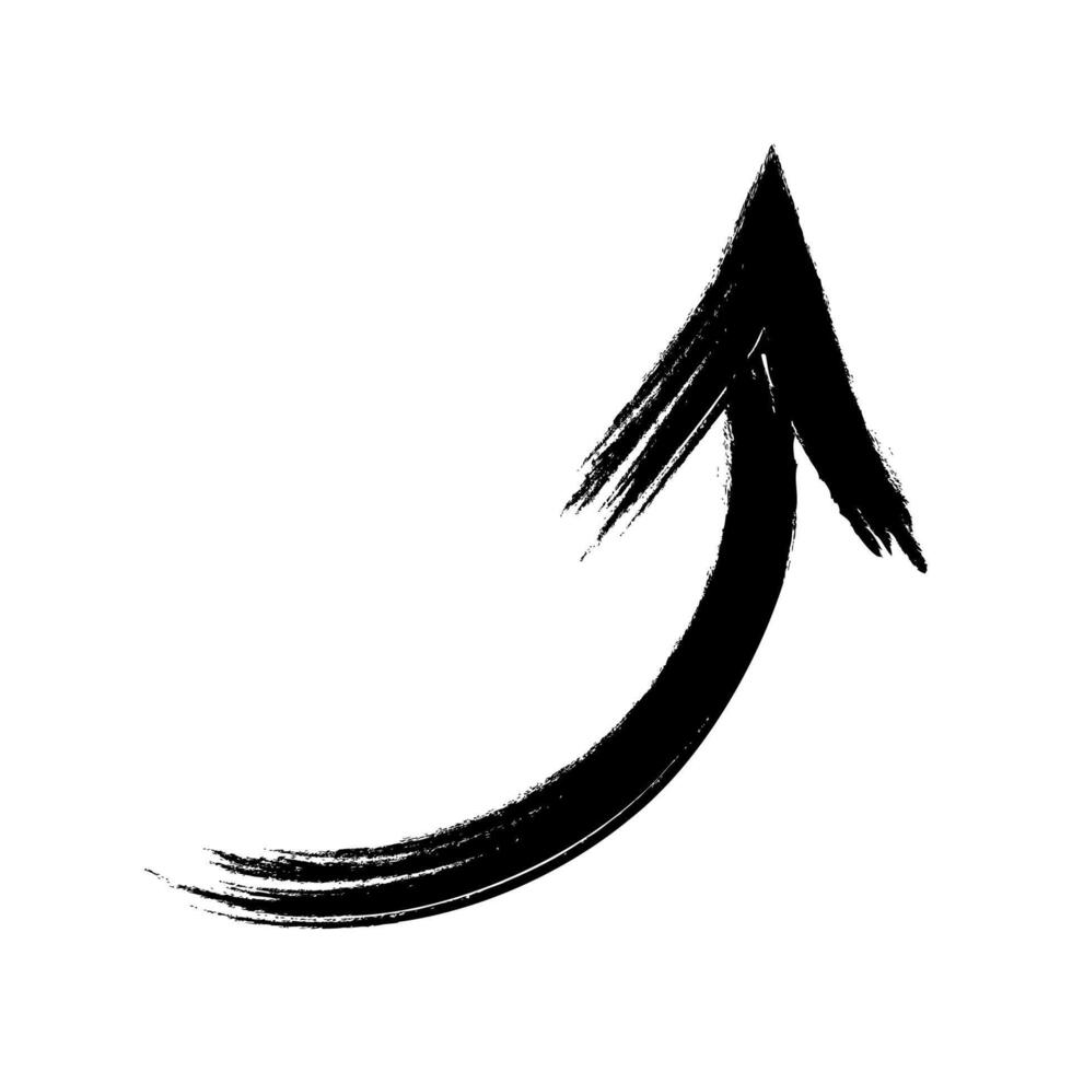 Hand drawn black grunge bent arrow pointing up, bold brush stroke vector