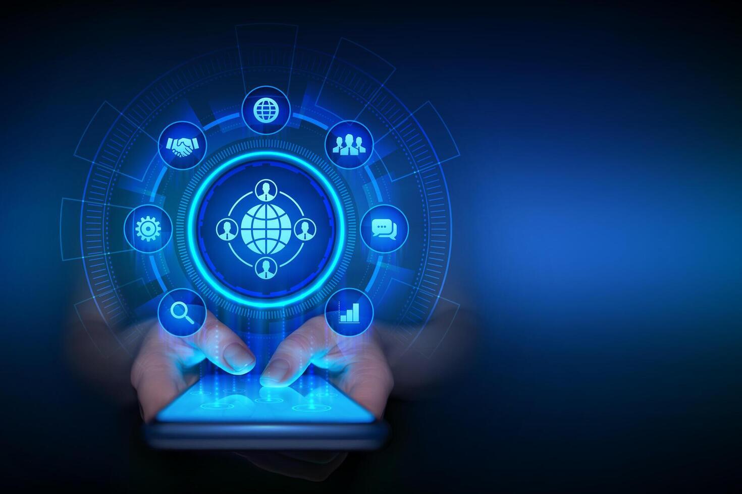 Outsourcing and HR. Social network and global recruitment. Global Recruitment Business and internet concept on virtual screen. Smartphone in hands. Using smartphone. vector