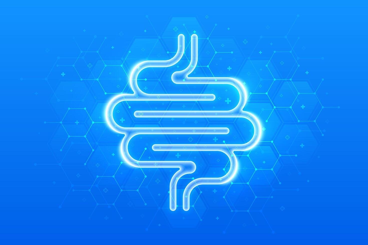 Intestine icon. Intestine health. Diagnosis, treatment of the bowel. Intestinal inflammation, colitis, dysbacteriosis. Molecular structure. Blue medical background with hexagons. vector