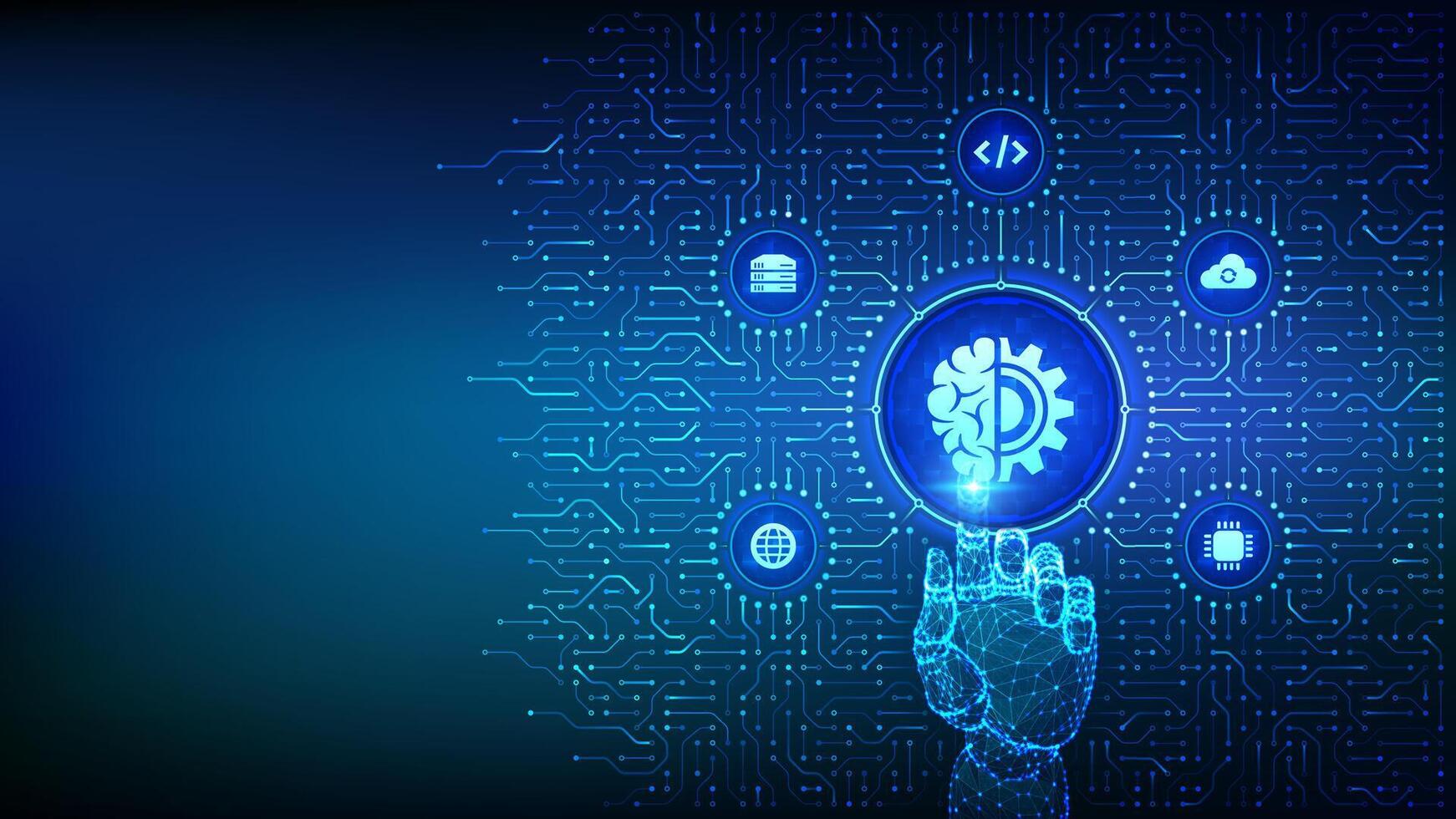 Machine learning. AI Artificial Intelligence. Deep learning. Big Data, neural network. Background with circuit board connections and tech icons. Wireframe hand pressing button. vector