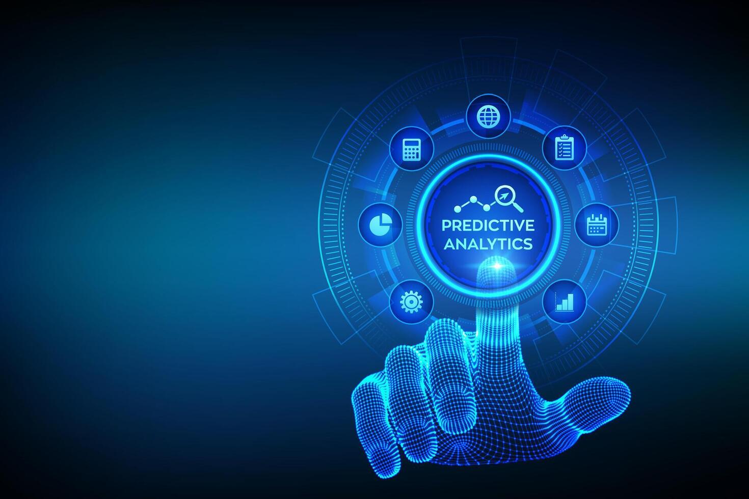 Predictive analytics. Big Data analysis. Business intelligence technology concept on virtual screen. Machine learning. AI. Wireframe hand touching digital interface. vector