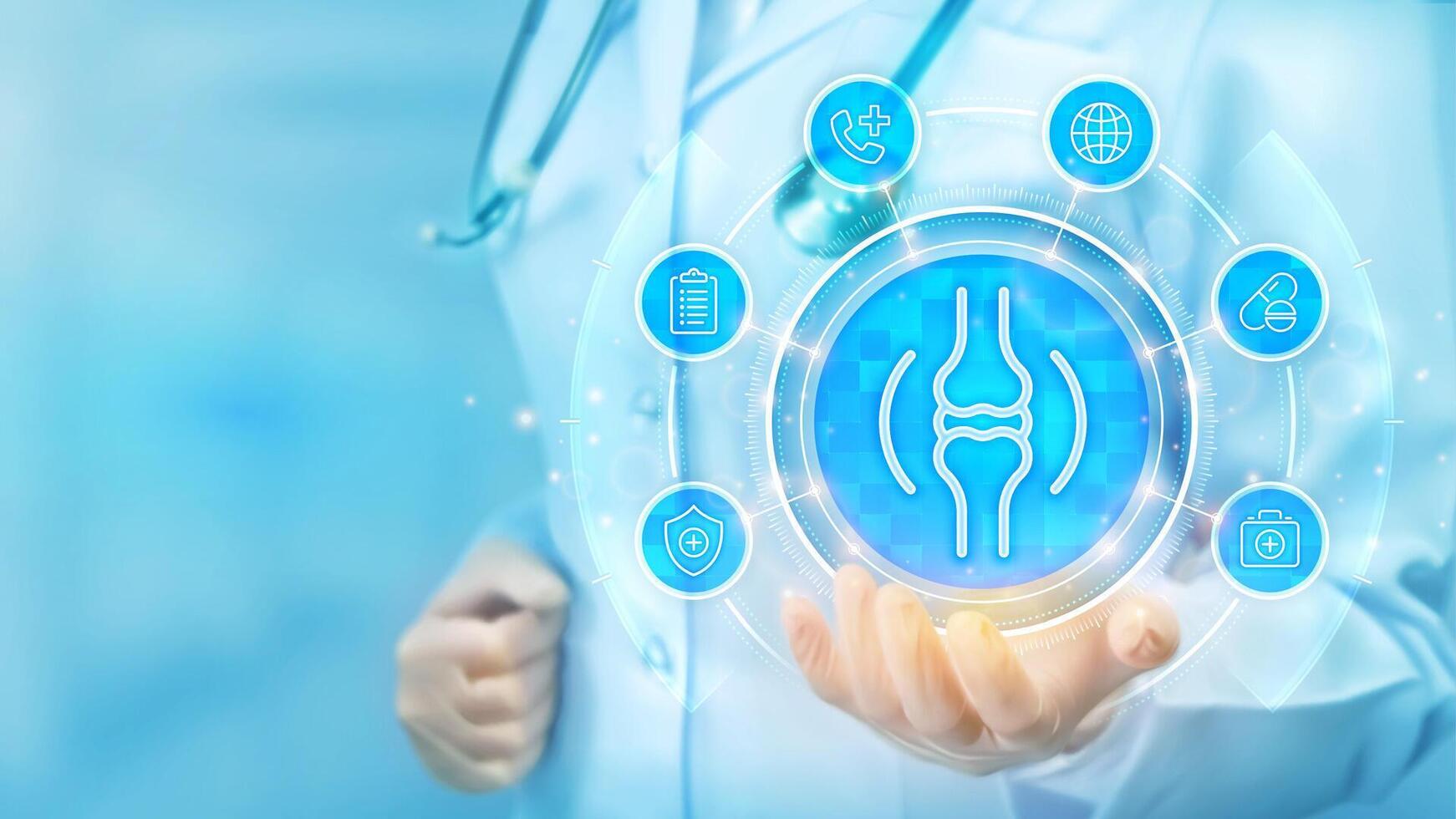 Joint health. Joint pain, inflammation, damage, arthritis treatment, physiotherapy. Doctor holding in hand Joint icon and medical icons network connection on virtual screen. vector