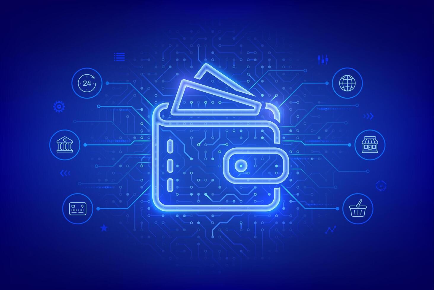 Digital wallet. E-wallet. Online payment by digital wallet. Online banking service application. Mobile banking, money transaction, e-commerce. Circuit board pattern background. vector
