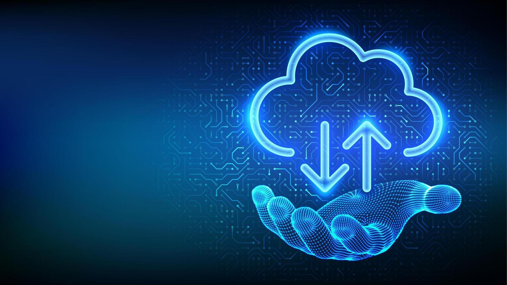 Cloud computing service. Cloud icon in wireframe hand. Secure Cloud Storage. Database storage, Data center. Upload download app. Circuit board pattern. PCB printed circuit texture. vector