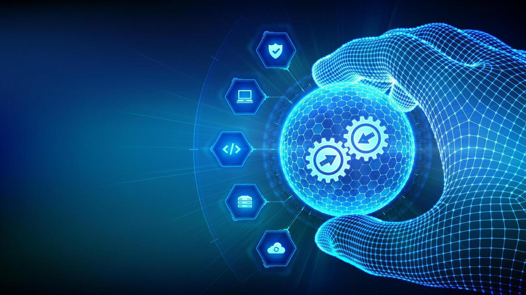 Integration data system. Industrial smart technology. System Integration concept in the shape of sphere with hexagon pattern in wireframe hand. Business automation solutions. vector
