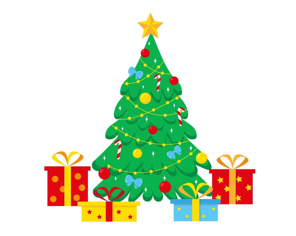 Decorated Christmas tree and gifts boxes. Happy New Year and Christmas. vector