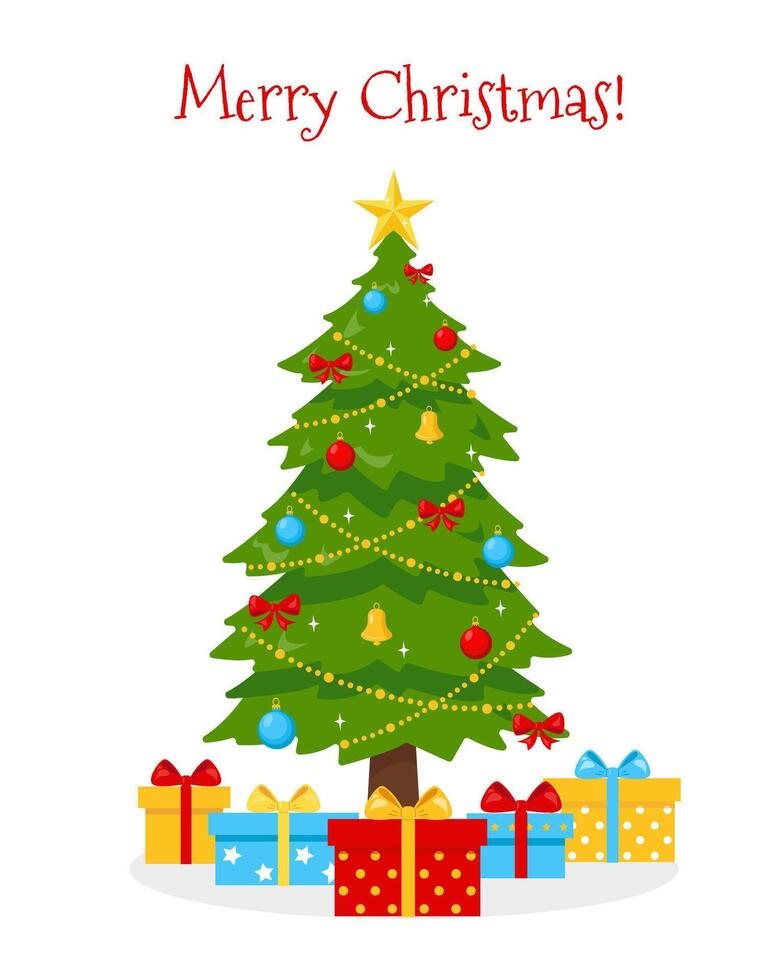 Decorated Christmas tree with gifts in boxes isolated on white background. Traditional Christmas and New Year symbol. vector