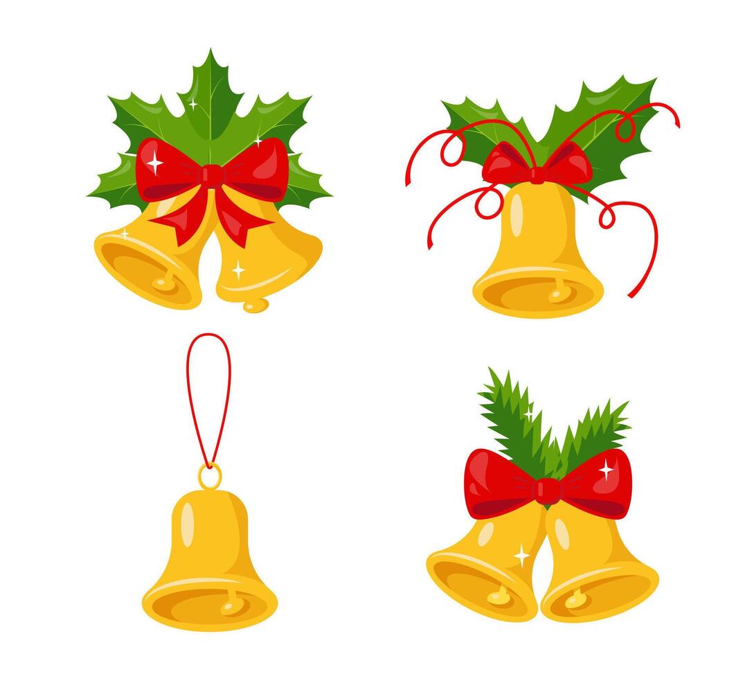 Set of golden Bells with green branches and red bow ribbon isolated on white background. Christmas and New Year Symbol, Traditional Holiday Decoration. vector