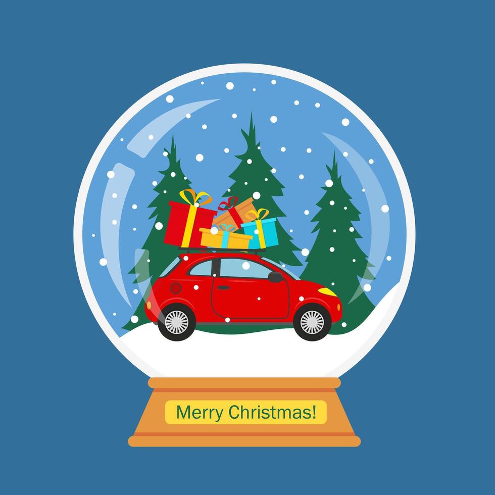 Christmas snow globe with red car and winter landscape. Traditional Christmas and New Year souvenir. vector