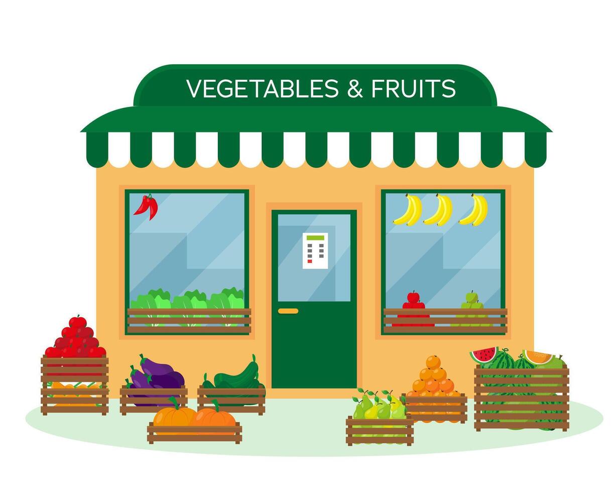 Vegetables and fruits shop exterior on white background. Shop building and boxes with vegetables and fruits. vector