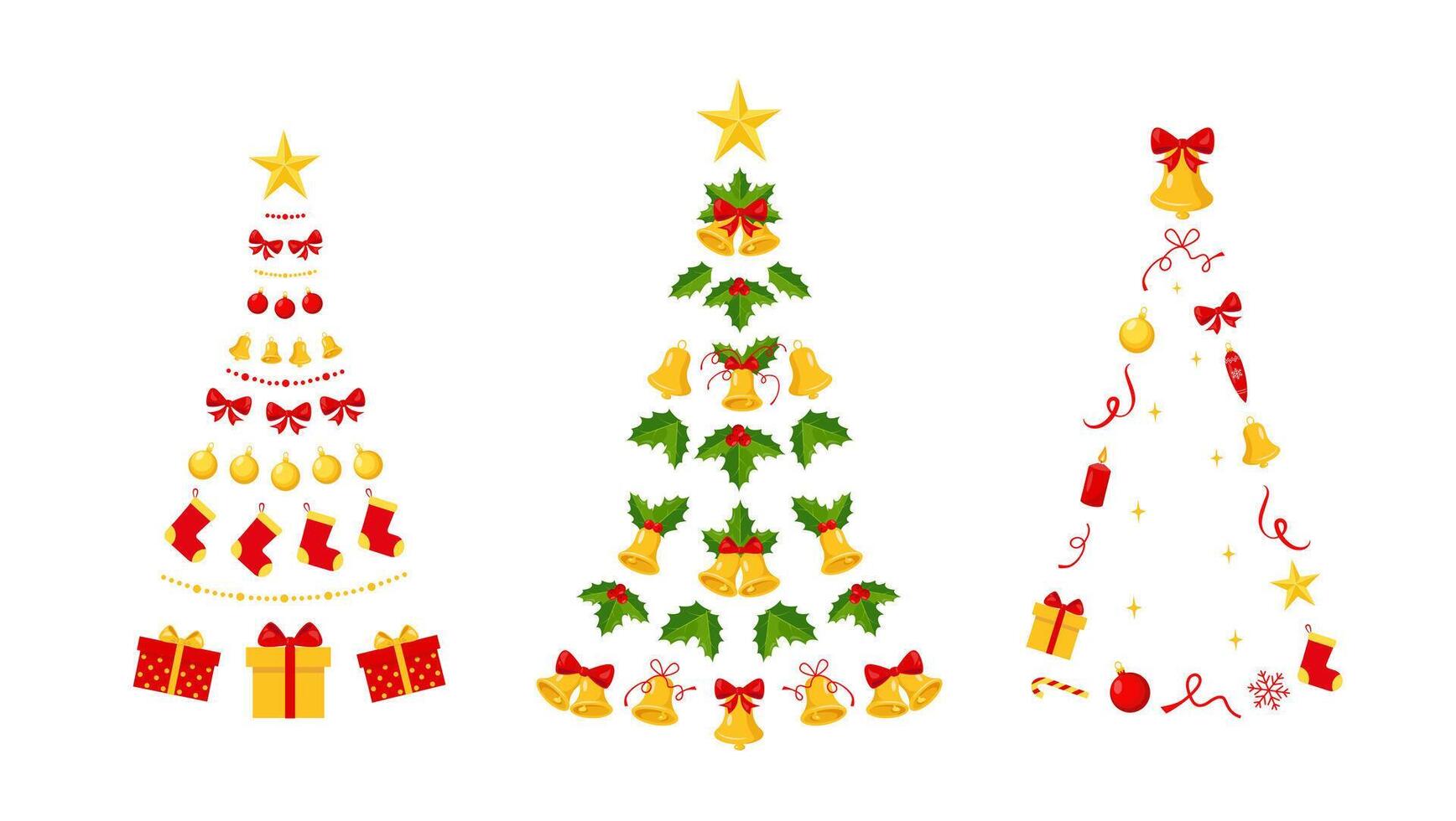 Three Christmas trees made of bells, garland and decorating. Festive elements for Christmas and New Year greeting cards and design. vector