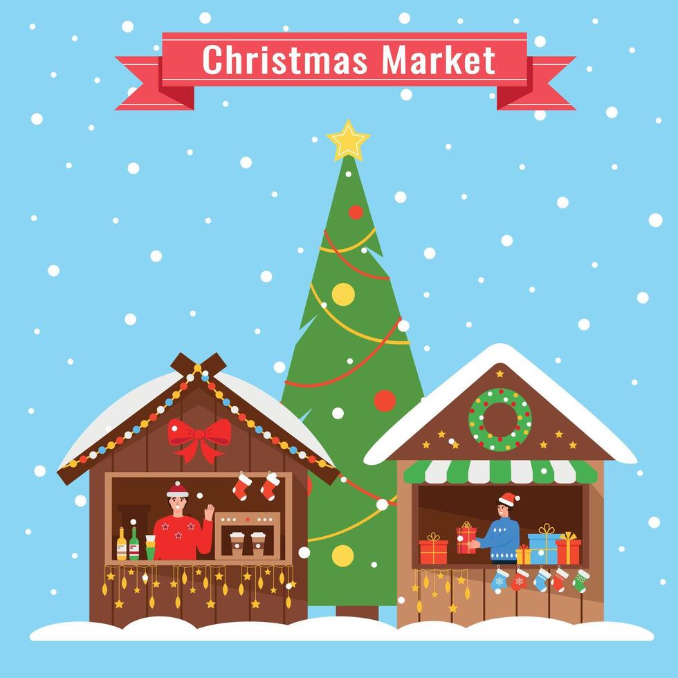 New Year Market with wooden kiosks and Christmas tree. Poster template or greeting card. vector