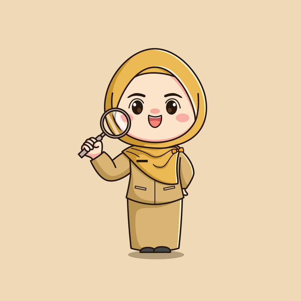 cute hijab teacher character carrying a magnifying glass ver2 vector