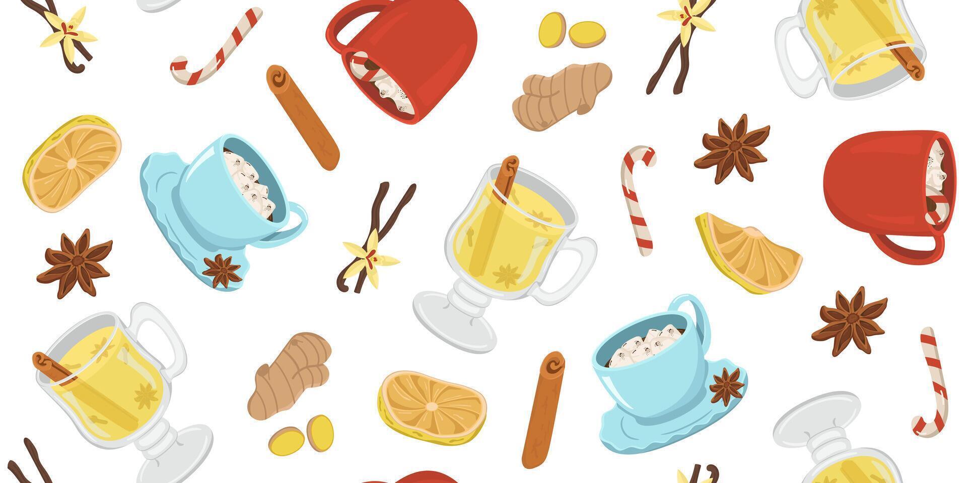 seamless pattern with winter drinks. Image of mulled wine and hot cocoa with marshmallows and cream. Illustration for wallpaper and packaging for New Year and Christmas in horizontal view. vector