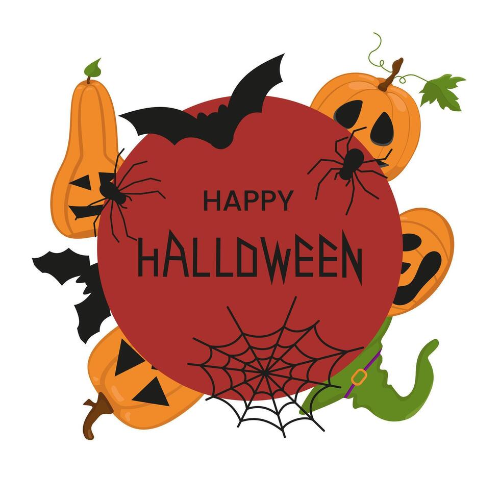 postcard with design elements for Halloween. Image of pumpkin with different faces, spider with web and bat. Witch hat for the holiday. vector