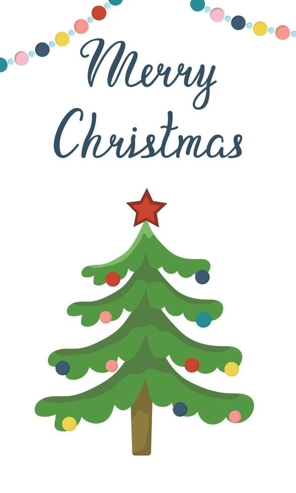 greeting card with Christmas tree and garlands. Vertical banner Merry Christmas. Congratulations on winter holidays. vector