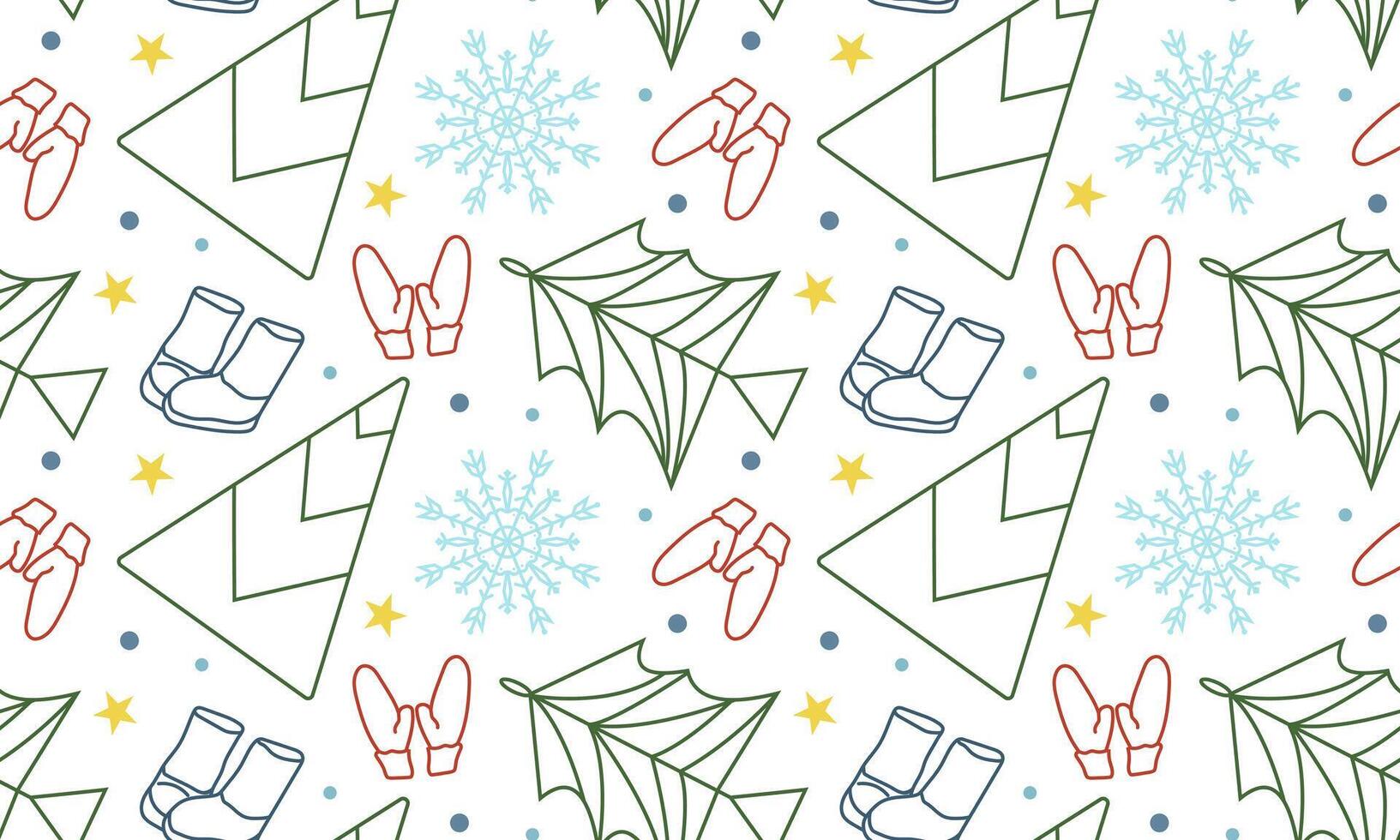 Seamless pattern with Christmas tree and snowflakes in doodle style. Geometric trees for New Year and Christmas. Holiday background. Winter mittens and boots. vector