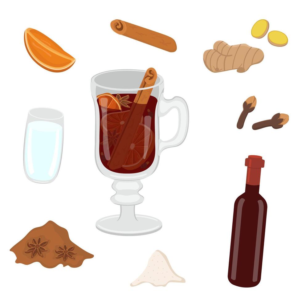 image with mulled wine and its products. Image of alcoholic cocktail of wine with anise, ginger and oranges. vector