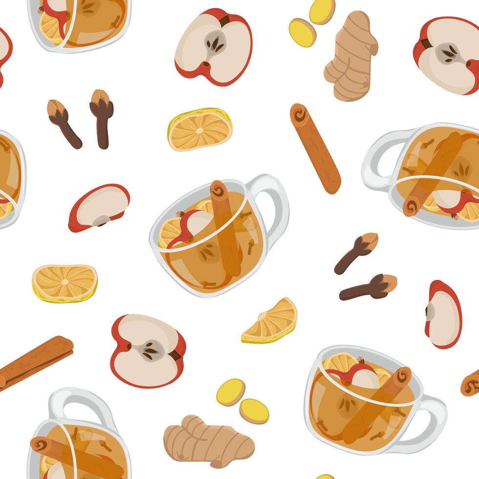 seamless pattern with winter alcoholic drinks. Image of apple brandy cocktail and products for it. Illustration for wallpaper and packaging for New Year and Christmas. vector