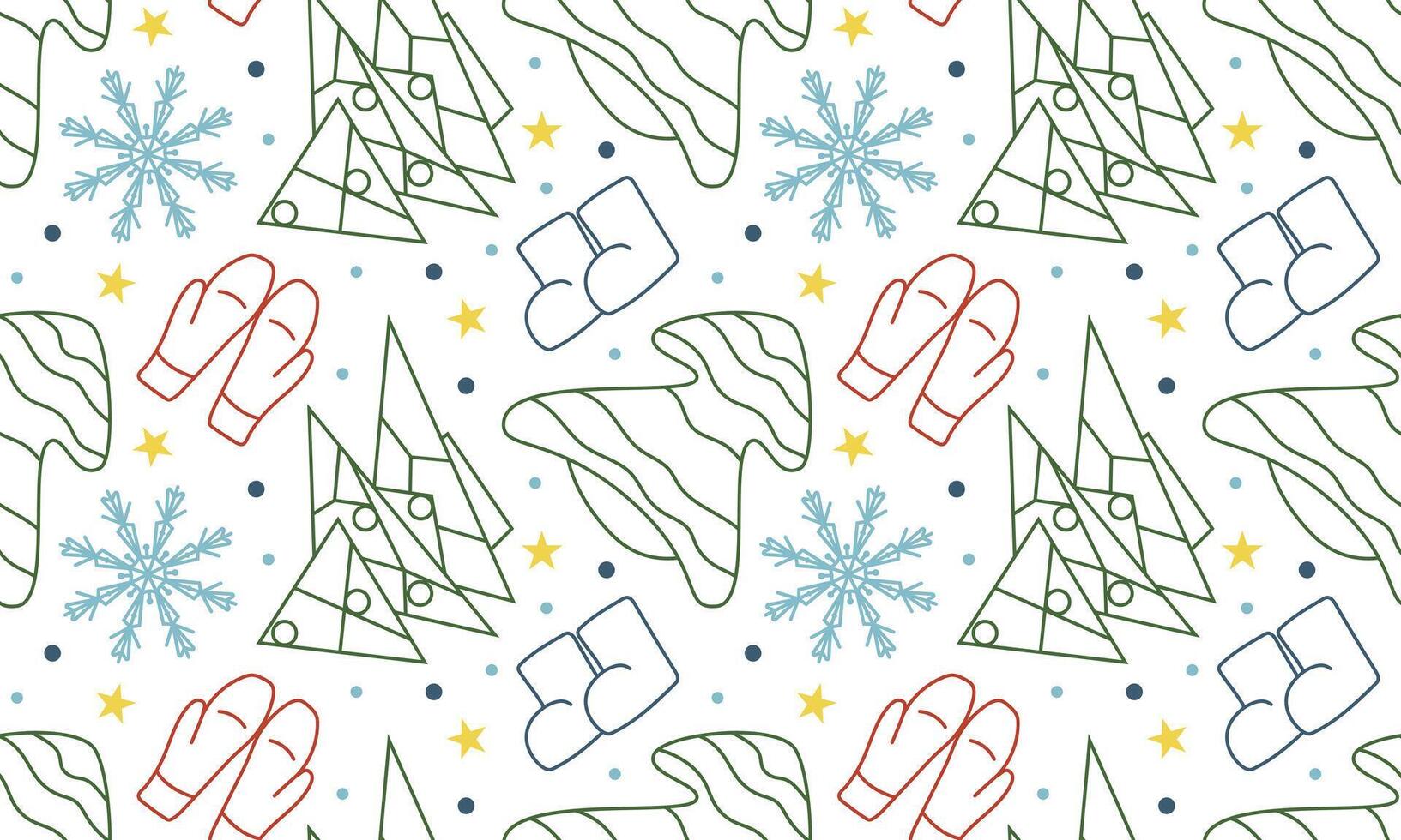 Seamless pattern with Christmas tree and snowflakes in doodle style. Geometric trees for New Year and Christmas. Winter mittens and warm boots. vector