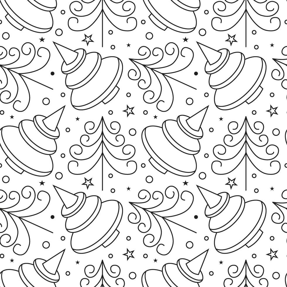 Seamless pattern with decorated Christmas tree in doodle style. Geometric trees for New Year and Christmas. Winter forest concept. Holiday background with pines and firs. vector