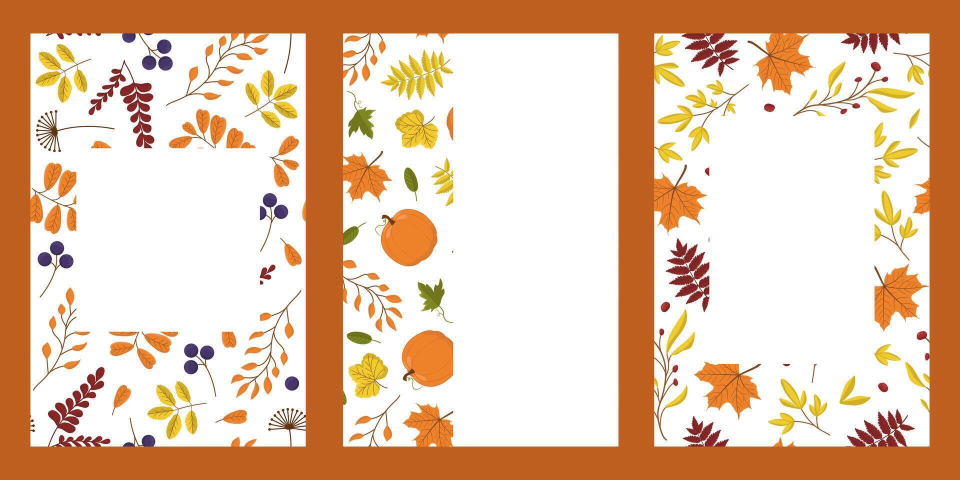 set of backgrounds with leaves, berries and pumpkins. Autumn illustration for postcards, covers and invitations. Botanical background. vector