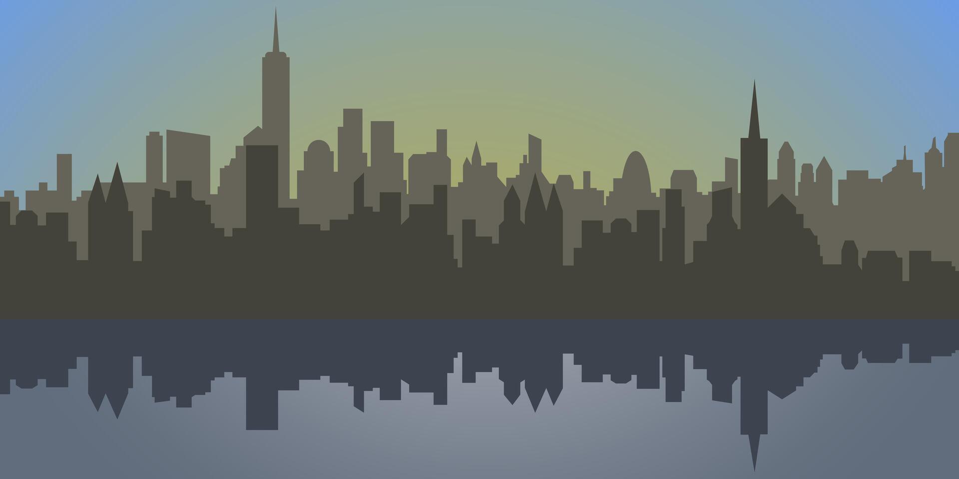 City silhouette in dark colors with the sunrise in the sky and the reflection of the city in the water. vector