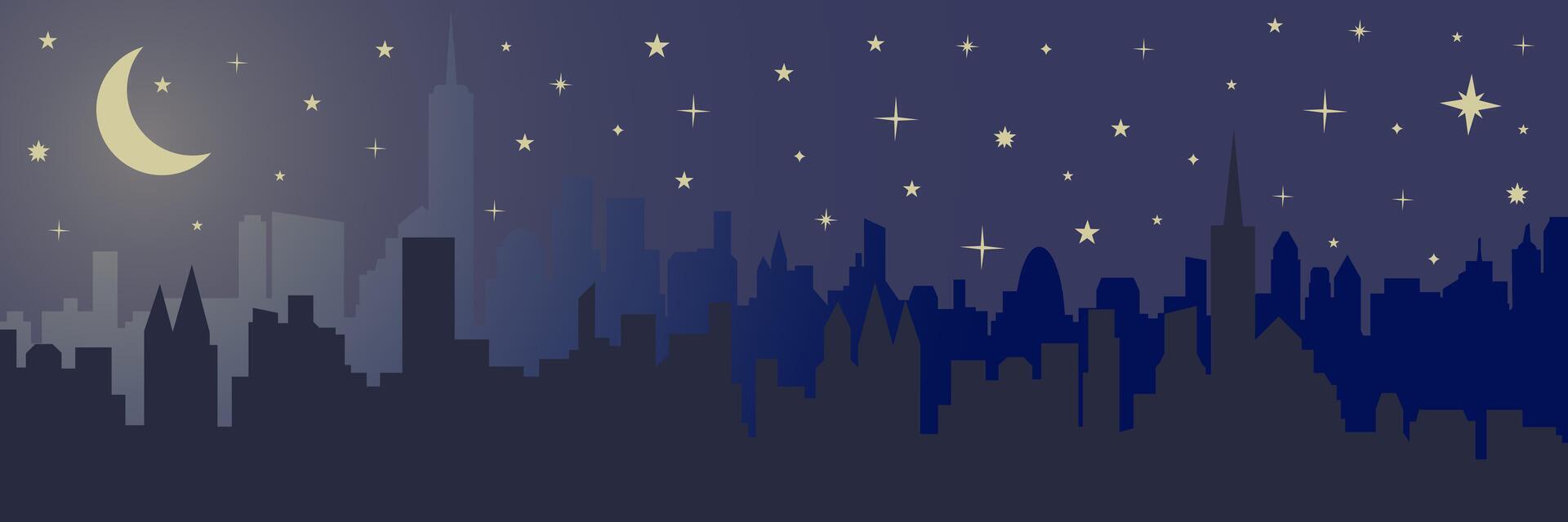 Night city silhouette with bright moon and stars in the sky. Flat illustration. vector