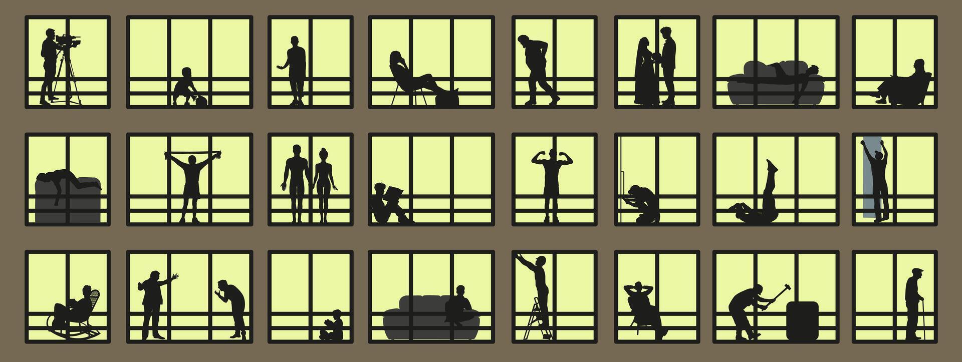 Silhouette or shadow of people in the window. People in windows. Occupations of people if you look out the windows. vector