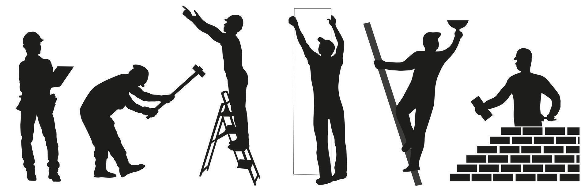 Builders. Silhouettes of workers and builders with tools in the workplace. vector