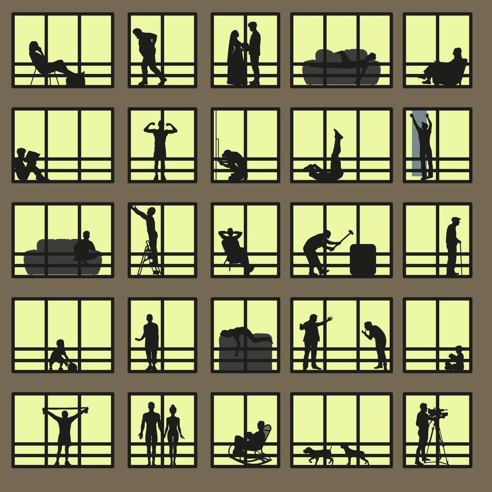 Illustration of apartment buildings with windows. Different life situations, view from the window. vector