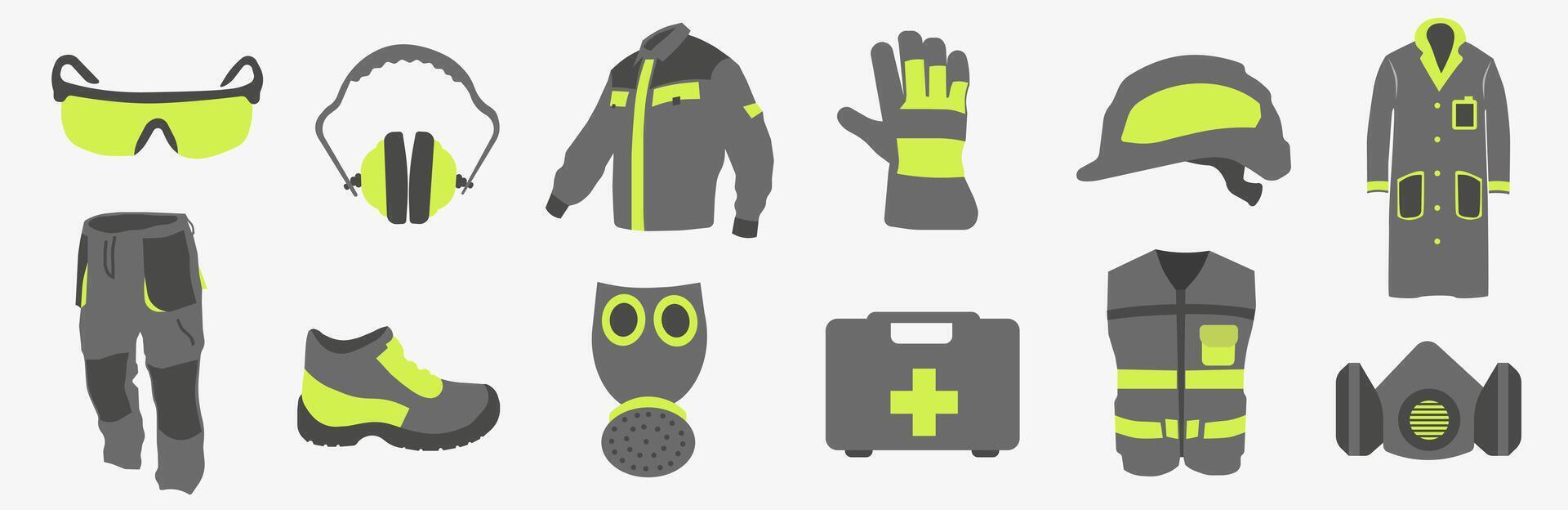 Work uniform. Professional protective clothing, boots and safety helmet. Various items of special protective clothing. vector