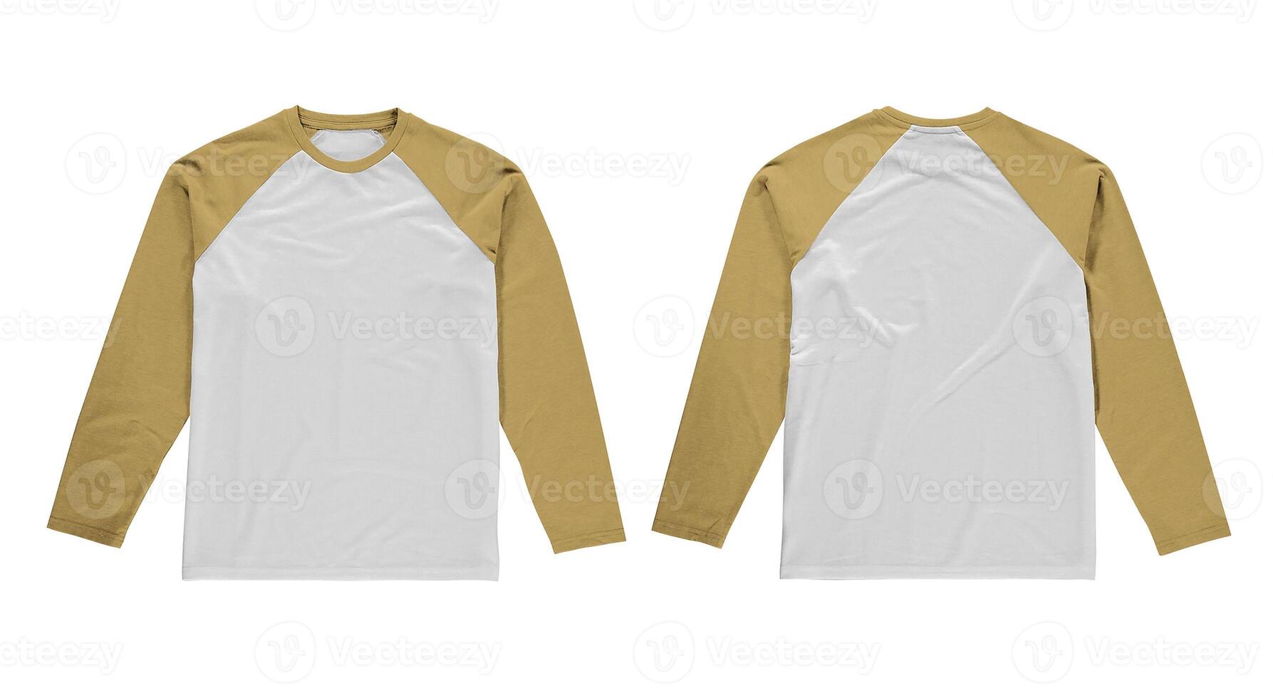 White and mustard yellow long sleeve shirt mockup front and back isolated on white background photo