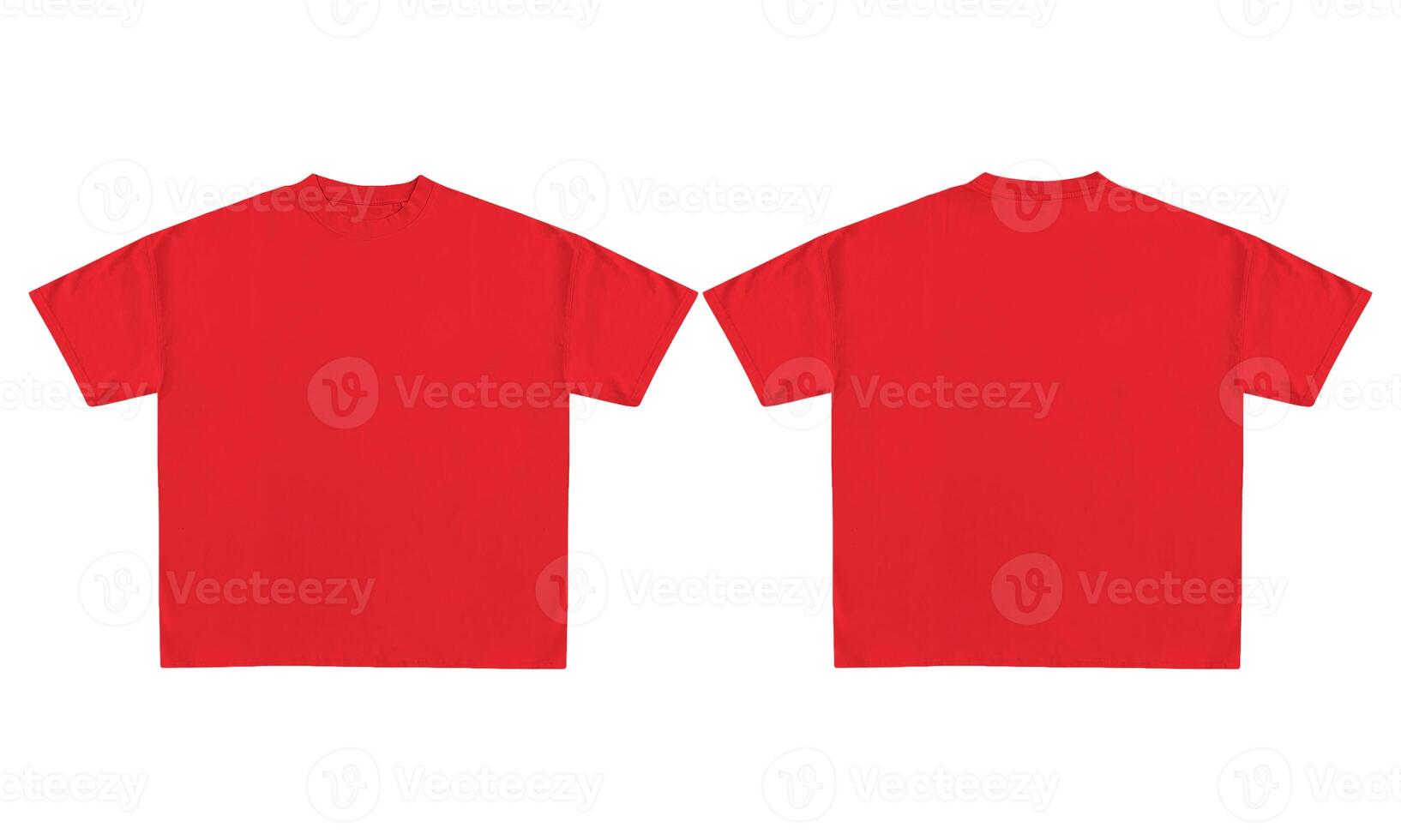 Two blank red t shirts, one front view, one back view, isolated on white background. Mockup for design, printing, branding, advertising and promotion. photo