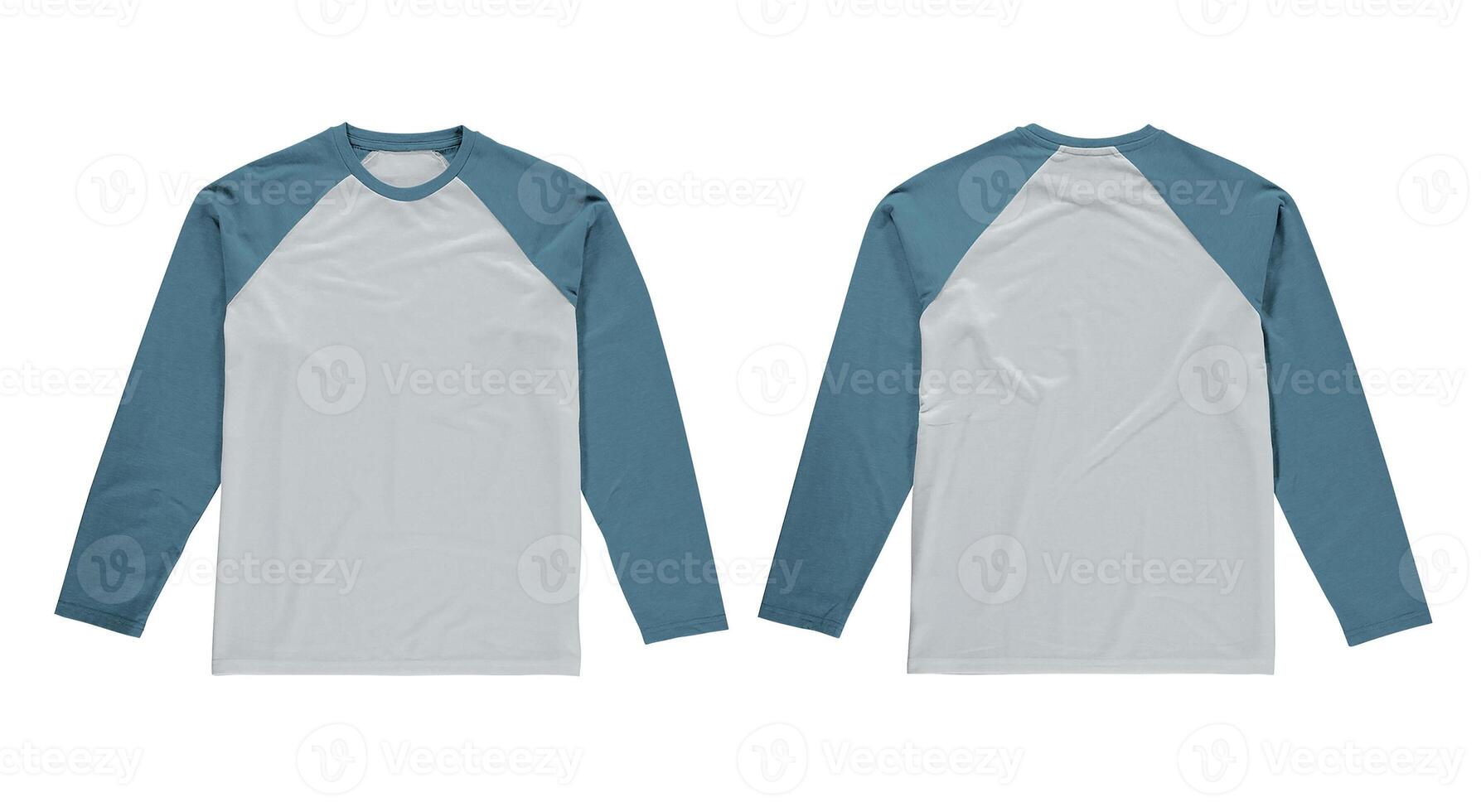 White long sleeve t shirt with blue raglan sleeves, front and back view photo