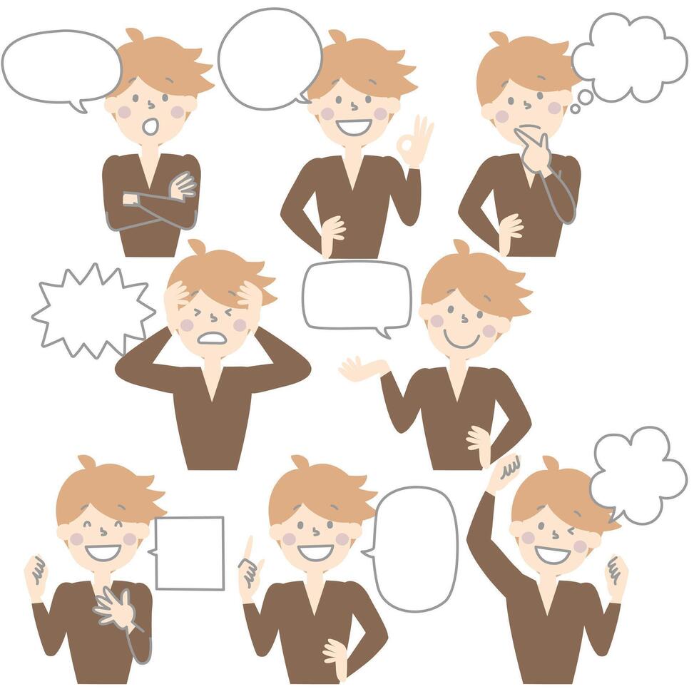 collection set of cute doodle hand draw speech bubble balloon with boy man character facial expression, text box think speak talk banner vector