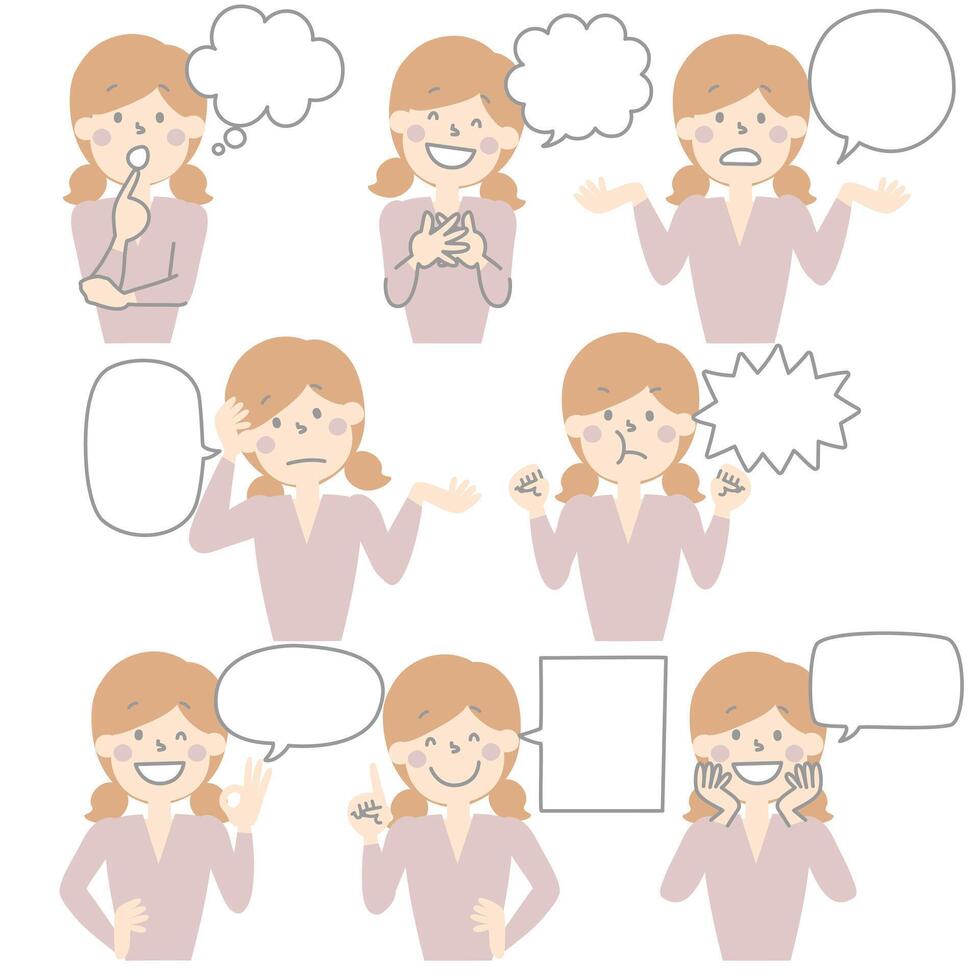 collection set of cute doodle hand draw speech bubble balloon with girl woman character facial expression, text box think speak talk banner vector