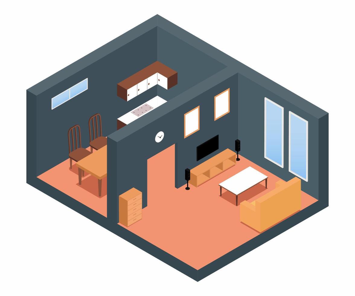 Isometric interior of living room and kitchen in minimalist style isolated on white background. Environment in house vector