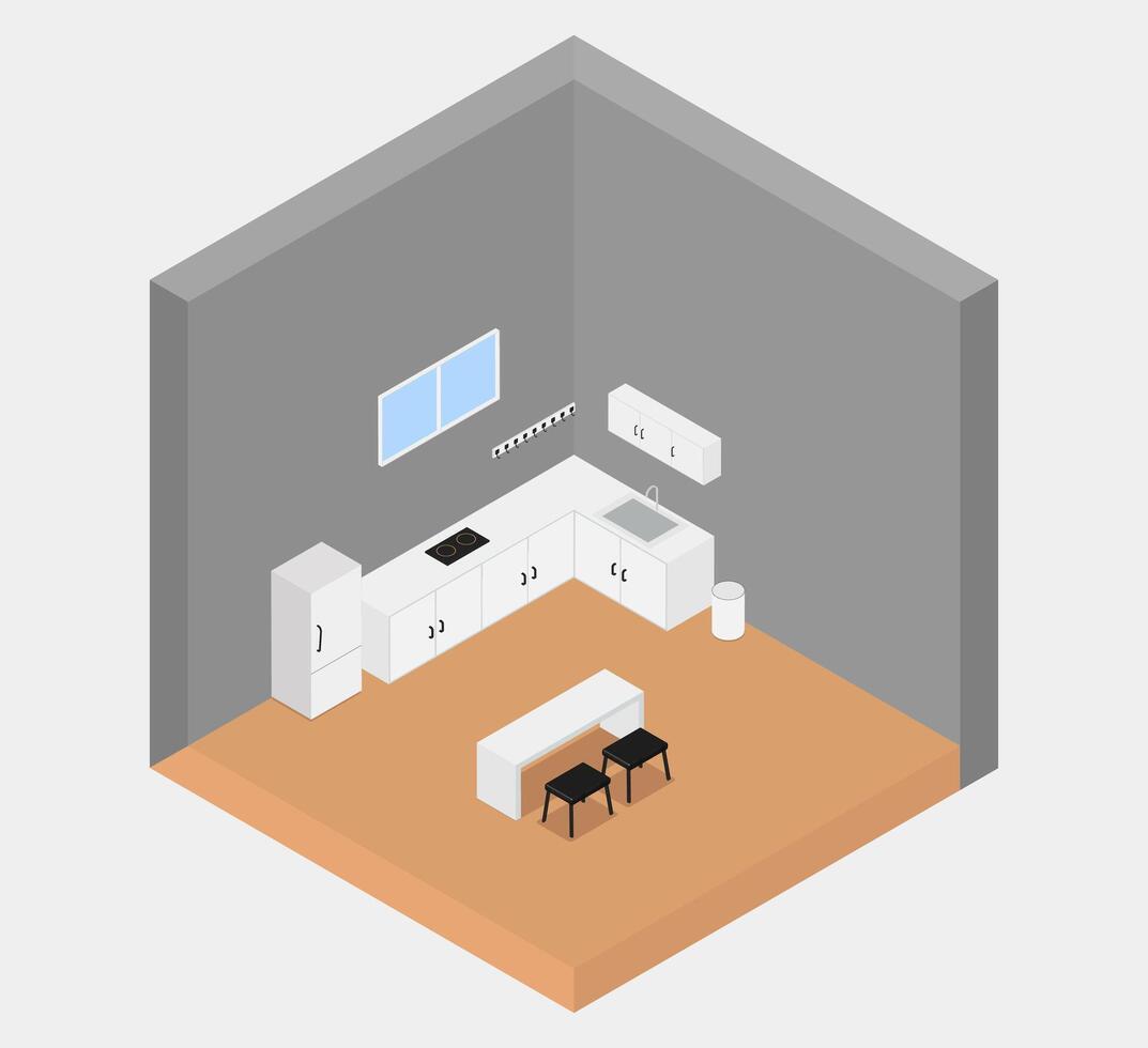 Isometric style kitchen interior concept with furniture and cooking utensils isolated on white vector