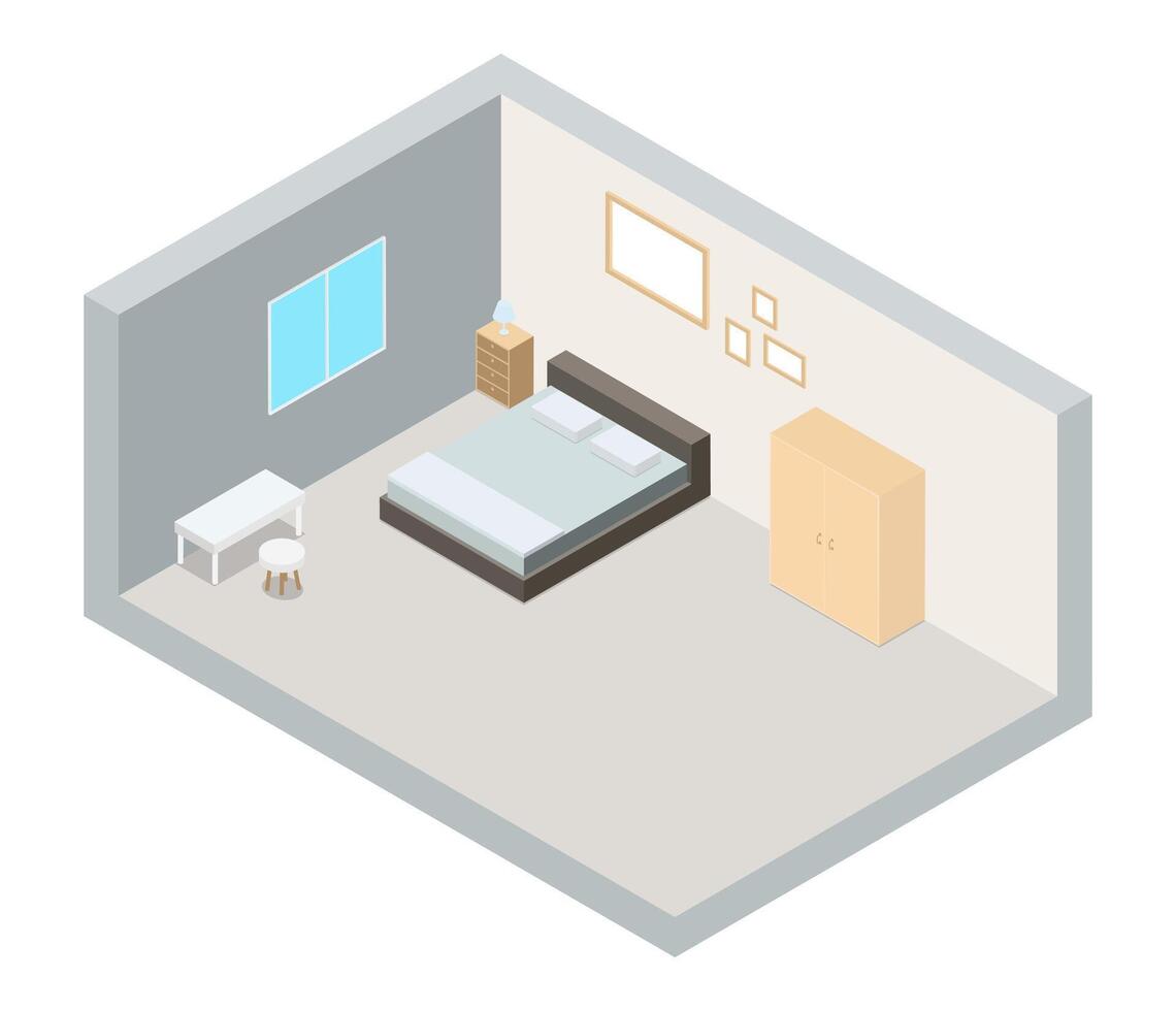 Isometric bedroom, house, apartment, hotel room with window, wardrobe, drawers and empty photo frame on white vector
